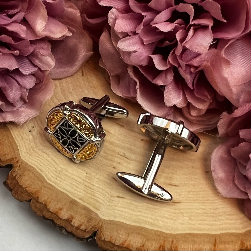 Elegant Gold and Black Cufflinks with Silver Fleury Cross - Picture 9 of 16